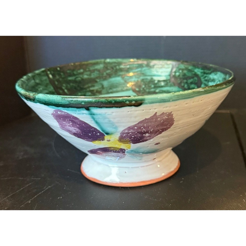 Studio Art Pottery Footed Bowl Green Floral Hand Painted Signed 1992 Boho Decor